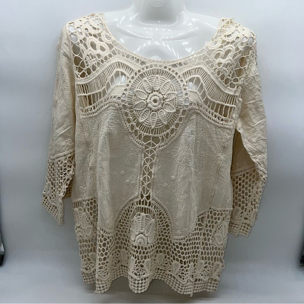 Clover + Scout Muslin and Crochet Cotton Casual Bohemian Tunic 3/4 Sleeves-Sz S